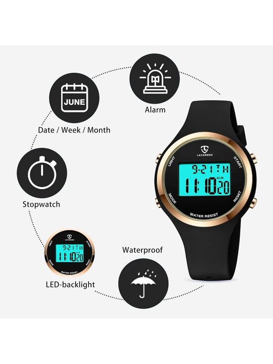 Women\'s Black Quartz Chronograph Waterproof Outdoor Sport Alarm Digital Watch
